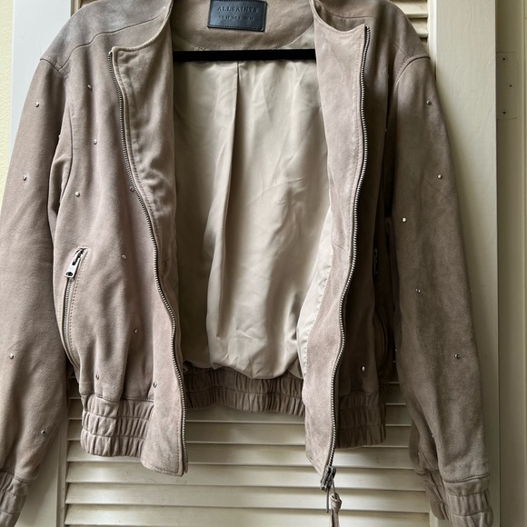 All Saints Taupe Silver Studded Suede jacket with discoloration. - Picture 6 of 10